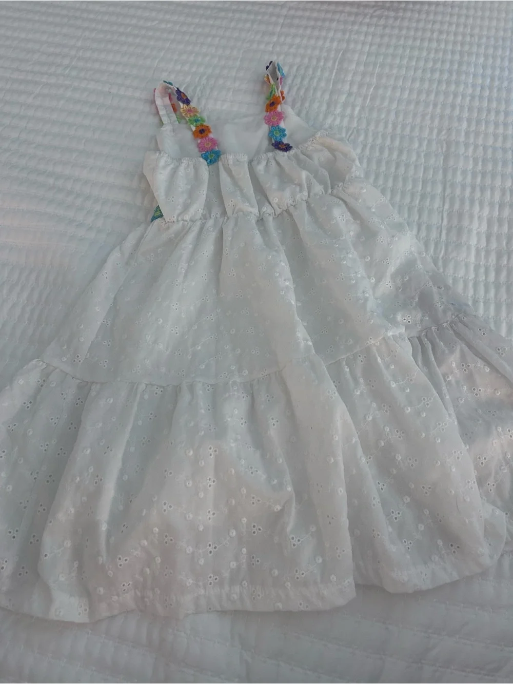 White Eyelet Sundress with Neon Colored Flowers Trim for Kids. Size 8